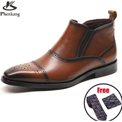 Men winter Boots Genuine cow leather chelsea boots brogue casual ankle flat shoes Comfortable quality soft black brown 2020