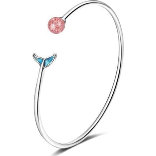 New Personality Fishtail Natural Strawberry Crystal Bracelets Cute Animal 925 Sterling Silver Fashion Jewelry Fish Bangles SB243