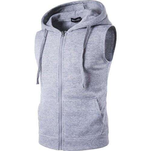 Mens Hooded Vest Solid Color Zipper Drawstring Cardigan Sweatshirt Vest With Pocket Casual Slim Type Tops