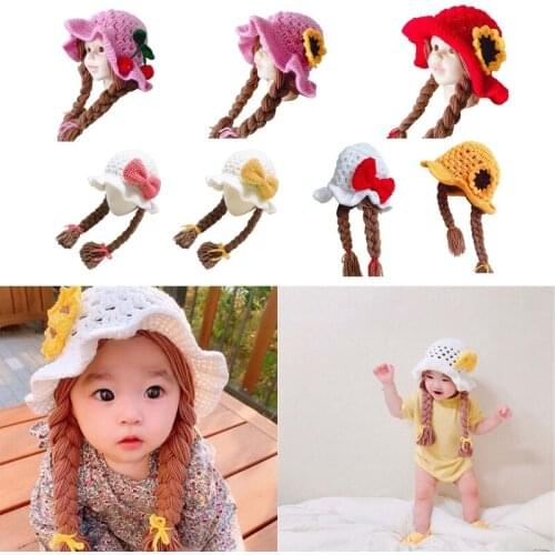 1 Pc Cute Idyllic Handmade Knitted Baby Girl Twist Braid Hat Infant Wigs Brades Kid Crochet Caps with Plaits Photography Prop