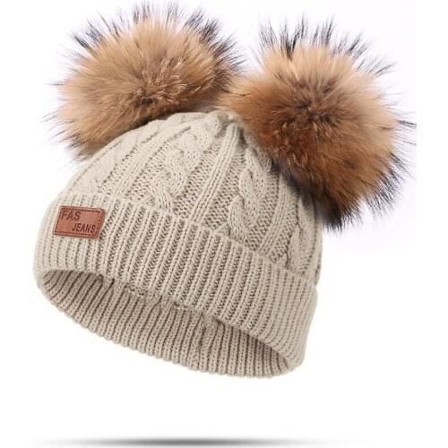 Real Raccoon Fur Pompon Beanie Hat For Women Children Autumn Winter Outdoor Warm Wool Skullies Caps Hats Baby Knitted Beanie Hat