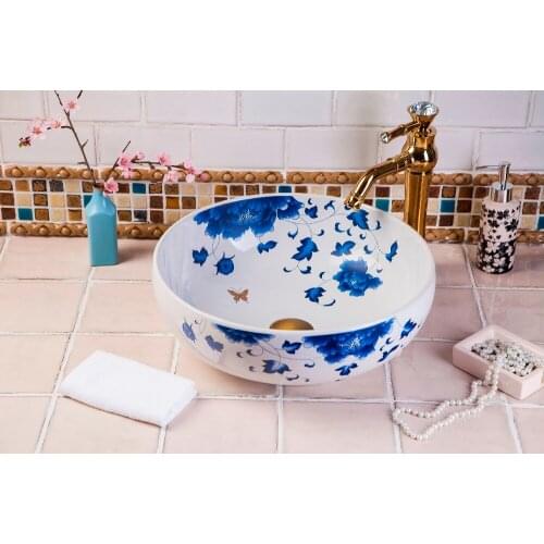 Jingdezhen factory directly art hand painted ceramic wash basin wash hand basin sizes blue and white Wash Basin Bathroom Sinks