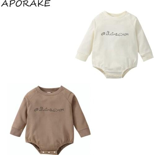 2021 0-24M Baby Girl Boy Romper Sprnig Fall Cartoon Dinosaur Print Round Neck Long Sleeve Playsuit Cotton Clothes