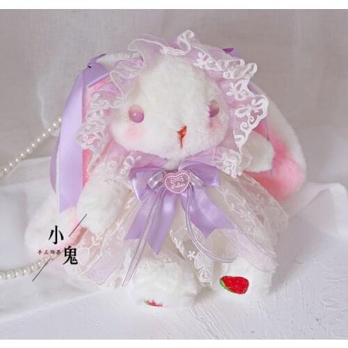Lolita Handmade Rabbit Bear Bag Loppy Eared Rabbit Bag Strawberry Soft Girl Long Eared Rabbit Bear Bag Modified Pupil Lolita Bag