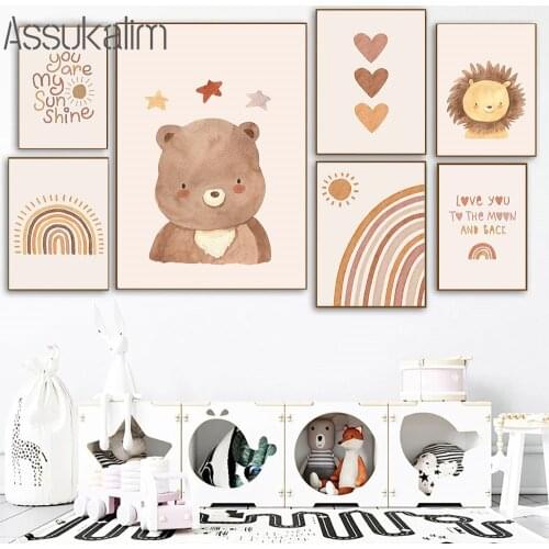 Bear Lion Wall Art Canvas Painting Rainbow Heart Poster Nursery Art Print Boho Posters Nordic Wall Pictures For Kids Room Decor