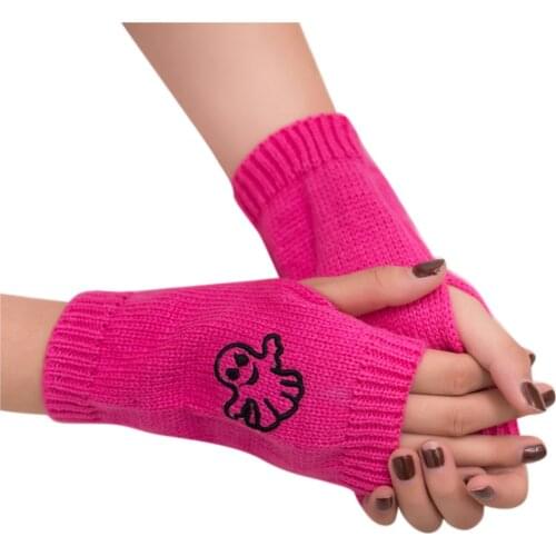New Women Girl Keep Warm Autumn And Winter Embroidery Ghost Knitted Fingerless Gloves Ladies Fashion Female Gloves Screen Mitten