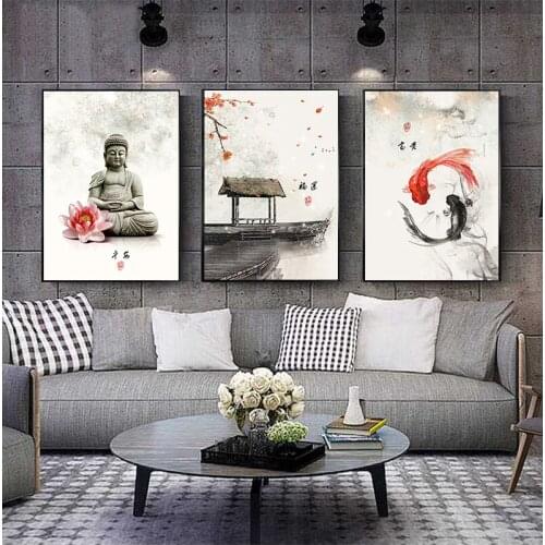 New Chinese ink Flowers Buddha Wall Art Print Picture Canvas Painting Poster for Living Room No Framed