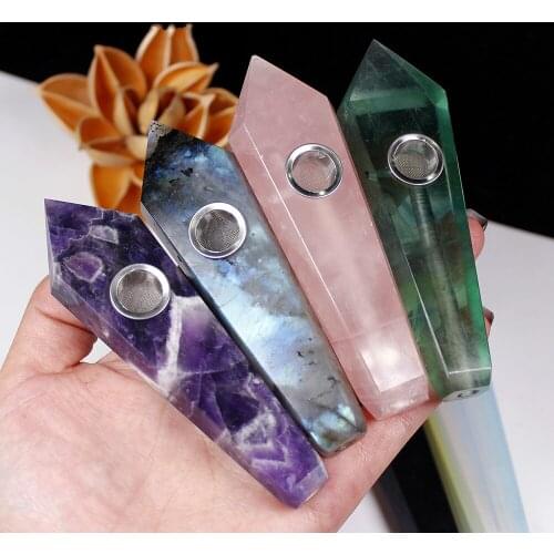 Natural crystal stone smokey pipe healing quartz jewelry crystal point wand gemstone With 1 pc Metal Filter + 1brush