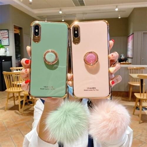 Luxurious Electroplated Case with Hairball For iPhone 11 Pro XR XS Max holder silicone Phone soft cover For iPhone 12Pro 7 8 SE
