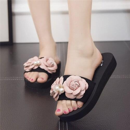 Rose flowers handmade slippers women summer open toe soft heel shoes flipflop femme camellia pearl platform sandals mules slides