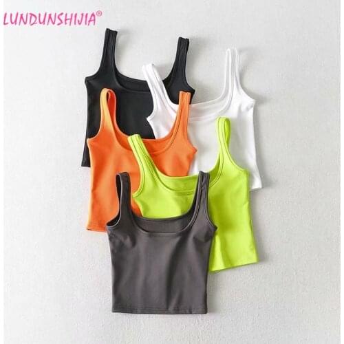 LUNDUNSHIJIA 2020 Summer Women Tight Top Sexy Sleeveless U Collar Vest Ladies High Elasticity Fluorescent Green Tank Tops