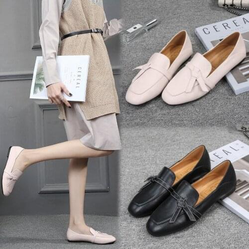 British women shoes flats butterfly-knot solid tassel microfiber loafers slip-on casual square toe 2019 all match girl footwear