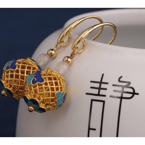 Vintage blue cloisonne earrings vintage round drop earrings for women and girl jewelry серьги