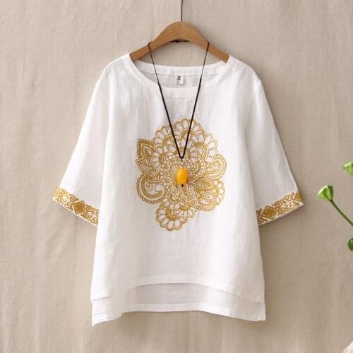 National Style Vintage Floral Embroidered Women T-Shirts O-Neck Short Sleeve Summer Tops Loose Soft Irregular Cotton Linen Shirt