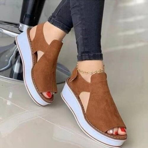 2021 Summer Casual wedges Women Sandals Fashion Breathable Mid Heel Solid Color Footwear Women shoes Round Toe Lady Fish Mouth