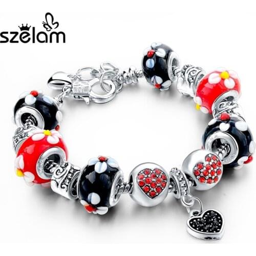 SZELAM Heart Charms Bracelets & Bangles for Women with Murano Glass Beads DIY Friendship Bracelets SBR150050