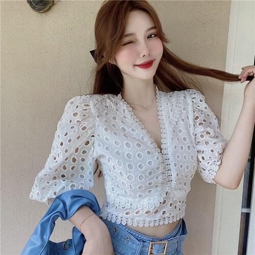 Solid white summer crop top women V Neck Hollow Out Casual holiday tank top Short Sleeves Loose Fit Chic Tops 2021
