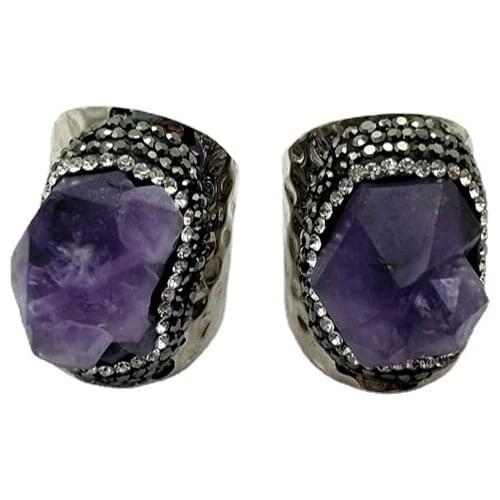 Raw-amethysitne rings Adjustable Size druzy Copper Ring silver plated pave rhinestone boho jewelry for girls