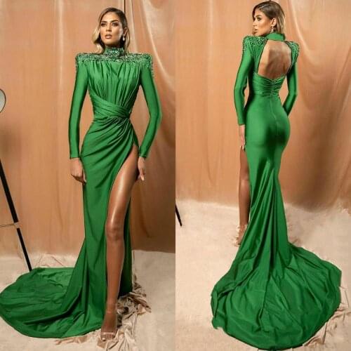 2020 High Neck Sexy Evening Dresses Beaded Crystal Side Split Mermaid Prom Dress Long Sleeve Custom Made Specail Robe De Soiree
