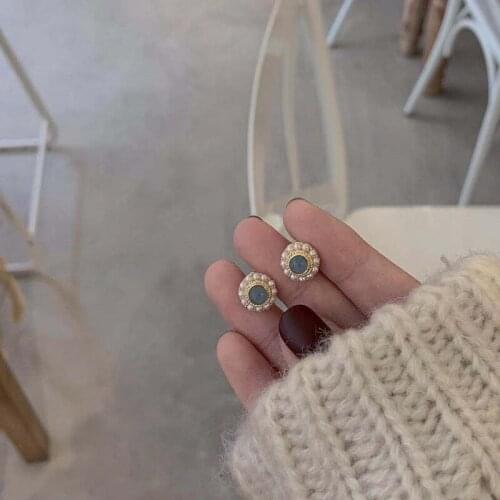 2020 Fairy Pearl French Vintage Stud Earrings Light Blue Round Korean Styles Earrings Accessories for Women Girls Party Wedding