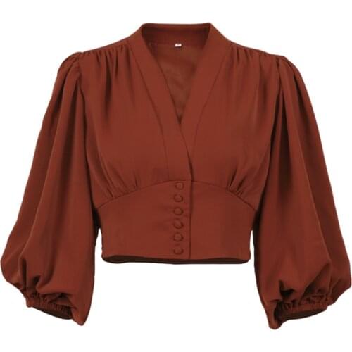 2021 Retro Lantern Sleeve Womens Cropped Blouses Vintage Brick Red Tops Female Short Shirt V-Neck Slim Breasted Draped Blouse