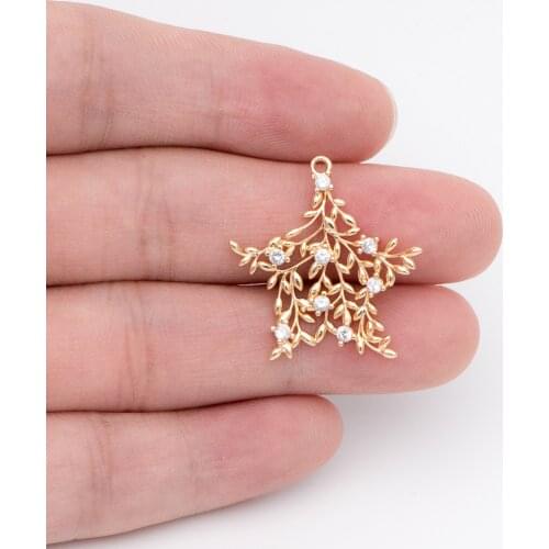 4pcs CZ Paved Gold Star Charms, Branch Leaf Pendants 25mm, For Necklace Braelet DIY Jewelry Making (GB-758)