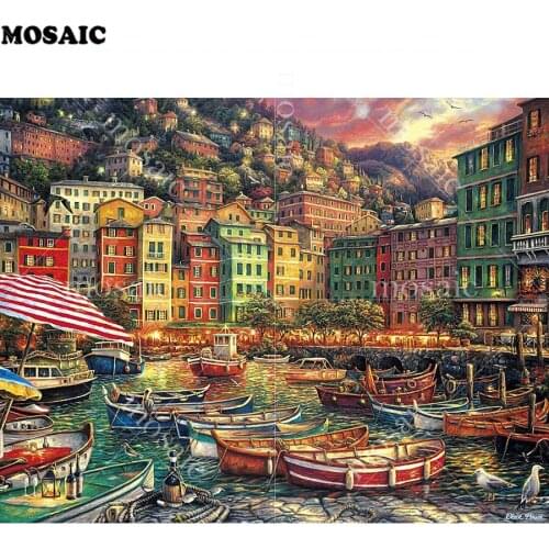 5D DIY Diamond Bright town landscape/water/boat/city Diamond Painting Cross Stitch Full square Needlework European Home Decor