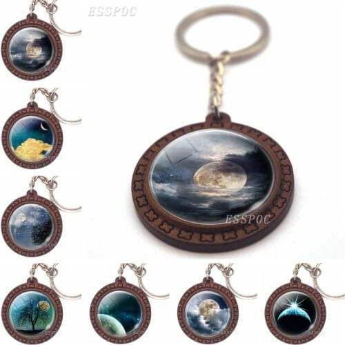 Moon Keychain Full Moon and Cloud Glass Dome Keys Pendant Wooden Key Holder Fashion Accessories for Women Christmas Gift