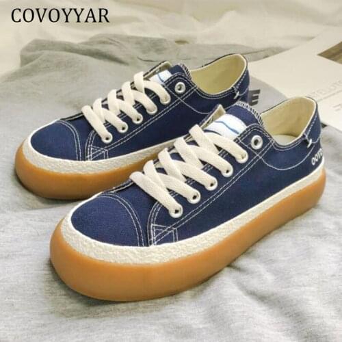 COVOYYAR Womens Vulcanize Shoes Denim Sewing Canvas Lace-up Spring Summer Solid Casual Jean Flat Platform Shoes Women WSN446