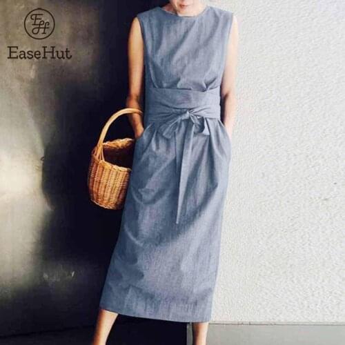 EaseHut Women Sundress Belted Split Hem Pockets Solid O-Neck Sleeveless Vestido Casual Summer Dress Elegant Dresses Lady