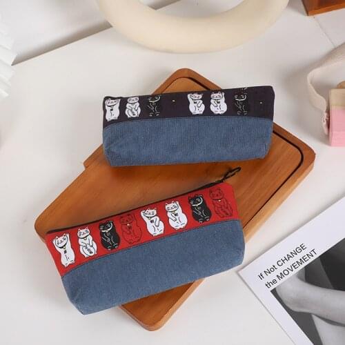 Ellen Brook 1 PCS Kawaii Cat Pen Pencil Bag Canvas School Stationary Receive Tools Makeup Pouch Cosmetics Case