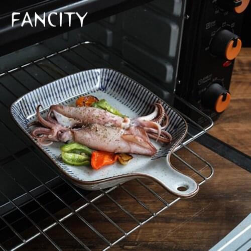 FANCITY Ceramic Baking Pan with Handle Creative Household Plate Oven Dedicated Baking Rice Plate Japanese Rice Plated Vegetable