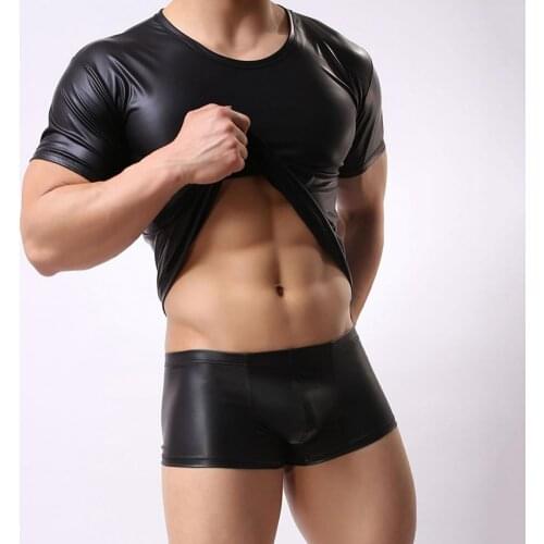 Sexy Men Faux Leather Solid Color Elastic Top Bar Stage Performance Slim T-shirt Summer Short Sleeves Mens T-Shirt Male Clothes