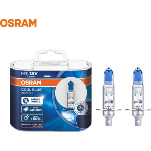OSRAM H1 5000K 12V 55W Cool Blue Advance Halogen Bulbs Xenon Mega White 50% More Light Car Headlight OEM Lamps Pair 62150CBA