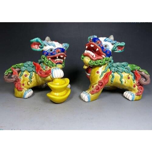 China polychrome koji pottery handmade Yuan Bao fine Foo Dogs Lion kylin Statue