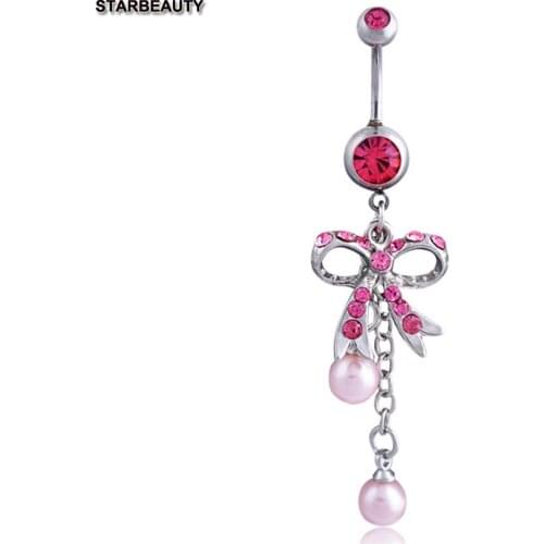 White Pink Bowknot Navel Piercing, Cute Crystal Pearl Belly Button Rings Summer Body Piercing Ombligo, Sexy Navel Piercings