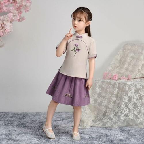 Two-Pieces Girls Cotton Linen Embroider Floral Sets Chinese Traditional Retro Dress Summer Casual Dresses Children Perform Dress