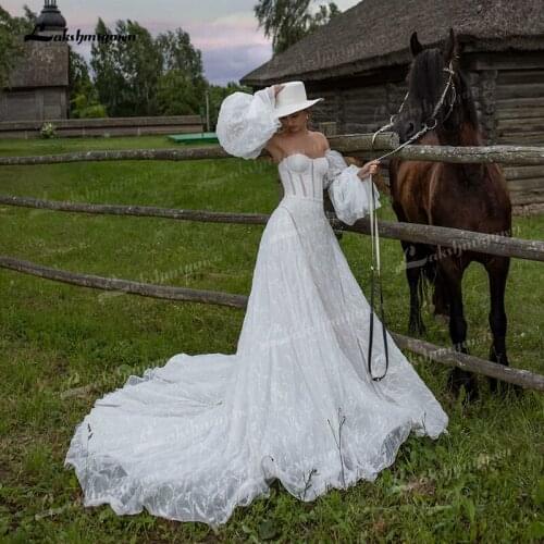 Boho Lace A-Line Wedding Dresses Off The Shoulder Sweetheart Neck Corset Three Quarter Sleeve Pleats Chapel Train Bride Gowns