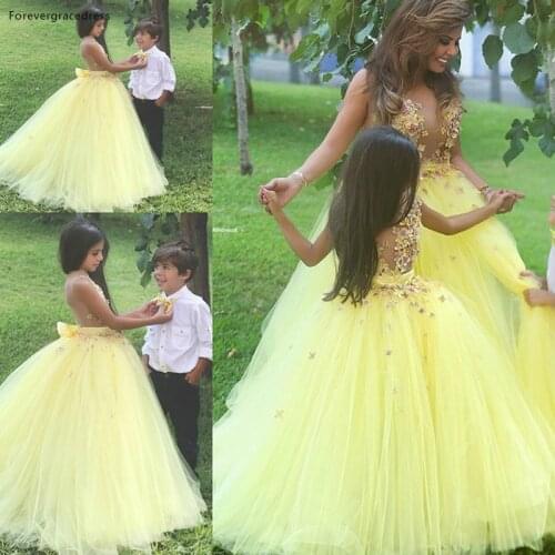 Cute Yellow Flower Girls' Dresses Ball Gown Floral Appliques See Though Long Party Pretty Little Kids Queen Girls Pageant Gown