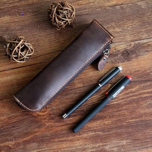 Multifunction vintage cowhide genuine leather pen bag pencil bag stationery organizer holder with zipper large capacity 1124