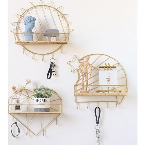 Homelily Nordic Living Room Bedroom Wall Hanging Decor Creative Iron Wall Shelves Decorative Hook Storage Organizer Wall Shelf