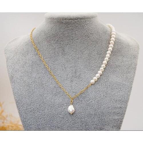 New Unique Real Pearl Necklace White 6mm Genuine Freshwater Pearls Yellow Gold Plated Chain Fine Jewelry Charming Lady Gift