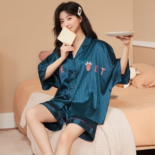 Satin Pajamas Set Women Short Sleeve Shorts Sleepwear Teen Girls Fashion Silk Nightwear Stripe Night Suit Loose Home Wear Lounge