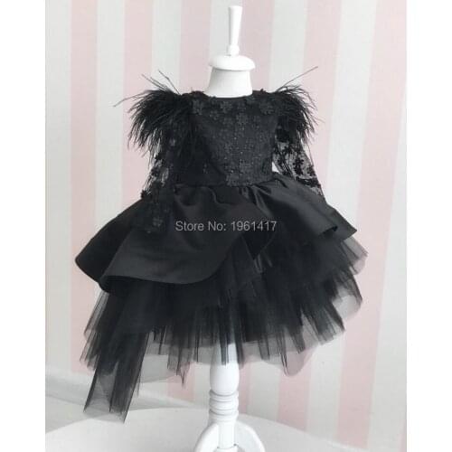 Flower Girl Dress Black Lace Feather With Bow High Low Style Girls Pageant Gowns Birthday Party Long Sleeve Dresses