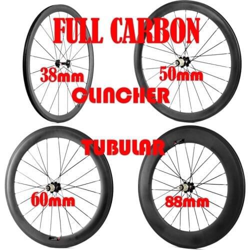 Full Carbon Road Bike Wheels 700C 25mm 38mm/50mm/60mm/88mm Tubular Clincher Wheelset 3K/UD Carbon Wheelset