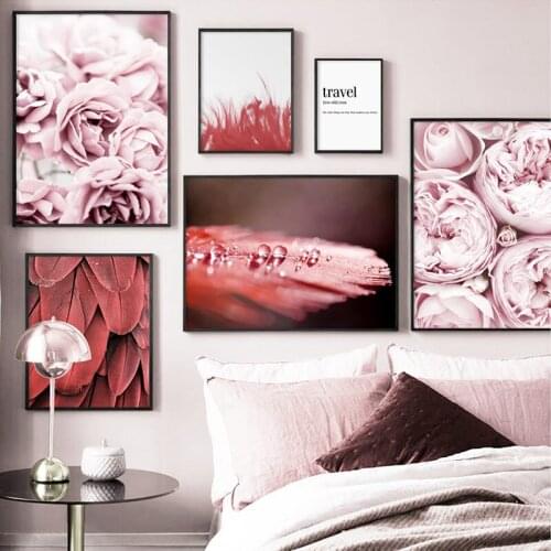 Nordic Posters & Prints Red Feather Pink Peony Flowers Travel Wall Art Canvas Painting Wall Pictures For Living Room Home Decor