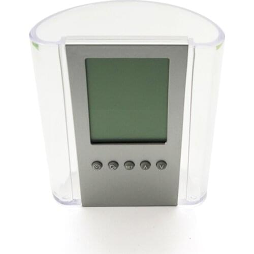 Transparent Pen Holder with Digital Clock Large Screen Display Time, Calendar, Week, Temperature, Music Alarm Clock and Snooze