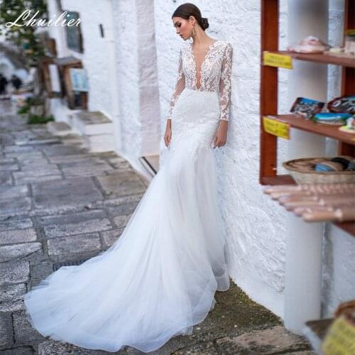 Lhuilier Sexy V-neck Lace Mermaid Wedding Dresses 2021 Long Sleeves Illusion Backless Floor Length Bridal Dress Court Train