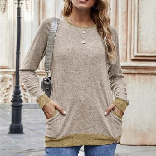 Contrasting Pocket Sweater Long Sleeve Pullover Top Sweatshirt Casual T-Shirt Round Neck WomenS Clothing Spring And Autumn Tops