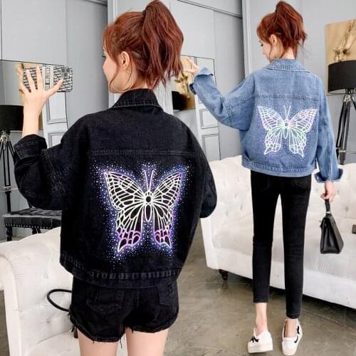 2020 Spring and autumn fluorescent hot rhinestone butterfly bat sleeve denim jacket women loose short all-match jacket top